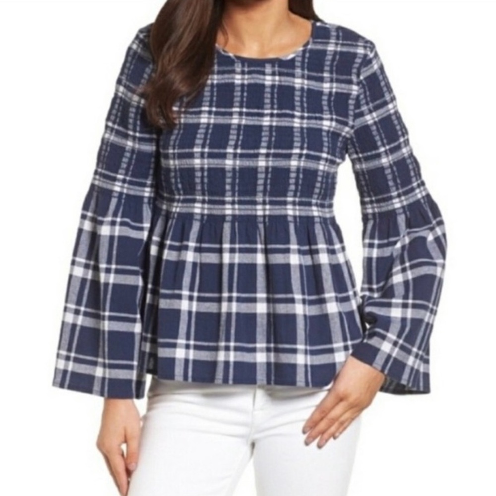 Caslon Top Navy White Plaid Bell Sleeves